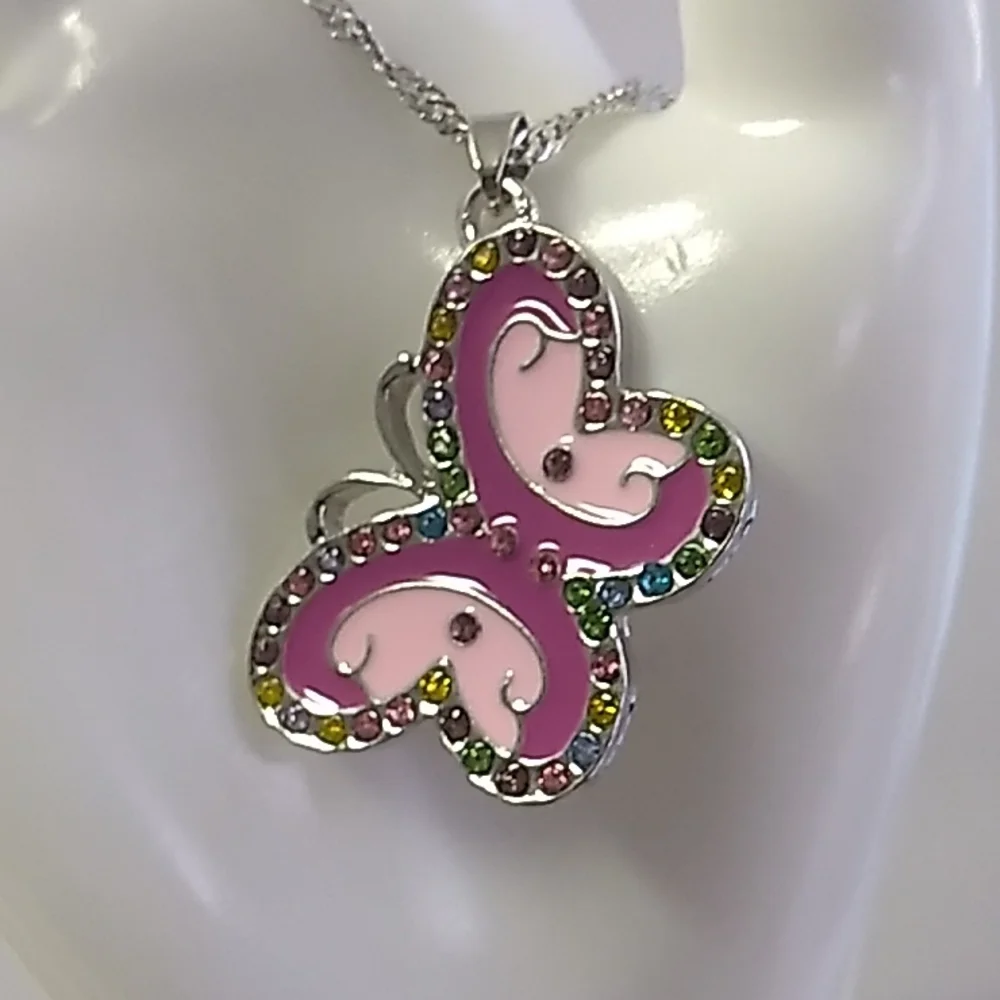 Cute Butterfly necklace Girls w Rhinestones 22 inch chain, pink, blue.